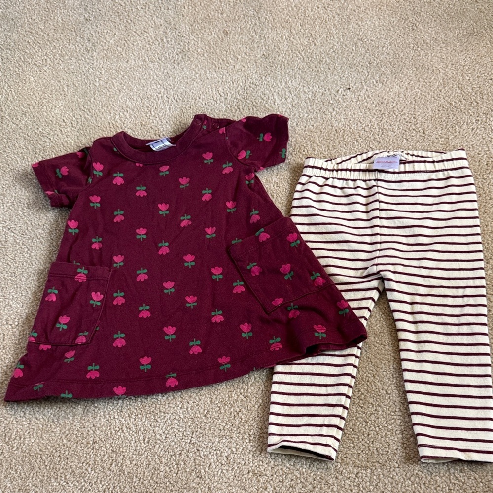 Hanna Andersson Burgundy Floral Dress & Cream Stripe Leggings Set